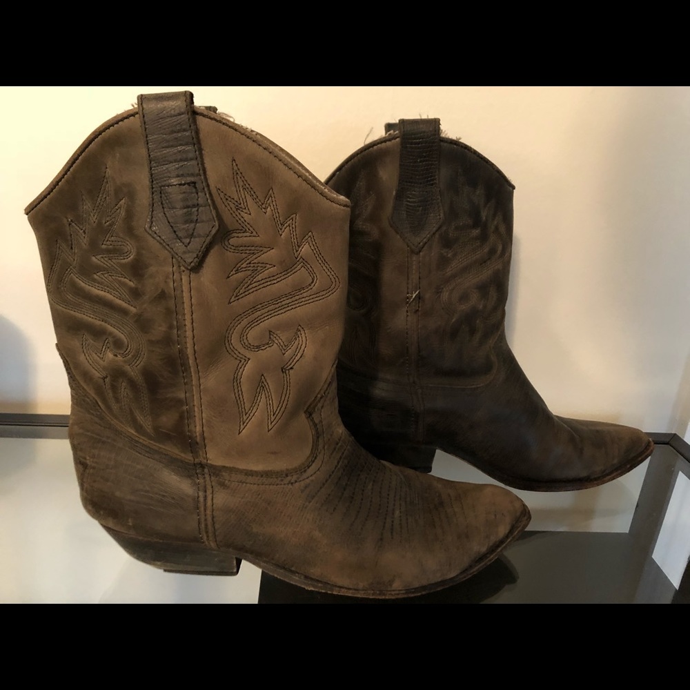 Grey Vintage Leather Short Cowgirl Boots
